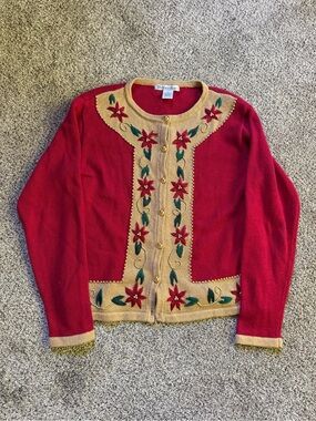 Festive Dressbarn Red & Tan Embroidered Cardigan with Gold Buttons